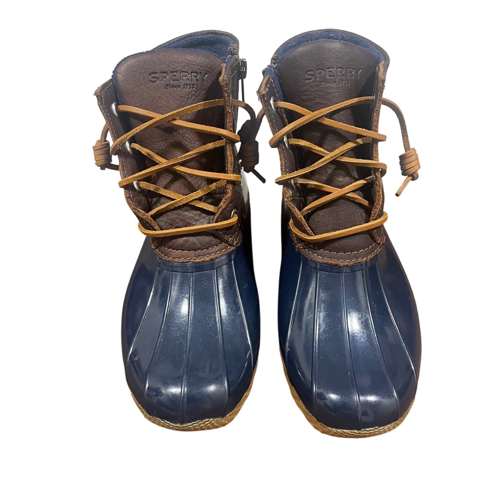 Sperry Saltwater Women Navy Brown Waterproof Rubber Leather Duck Boots 6M